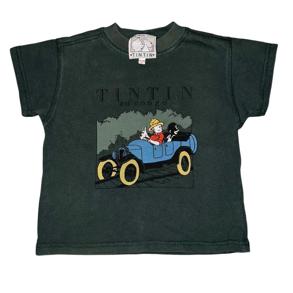 Vintage Tintin green embroidered au Congo Comic Cartoon boys t shirt  18 months